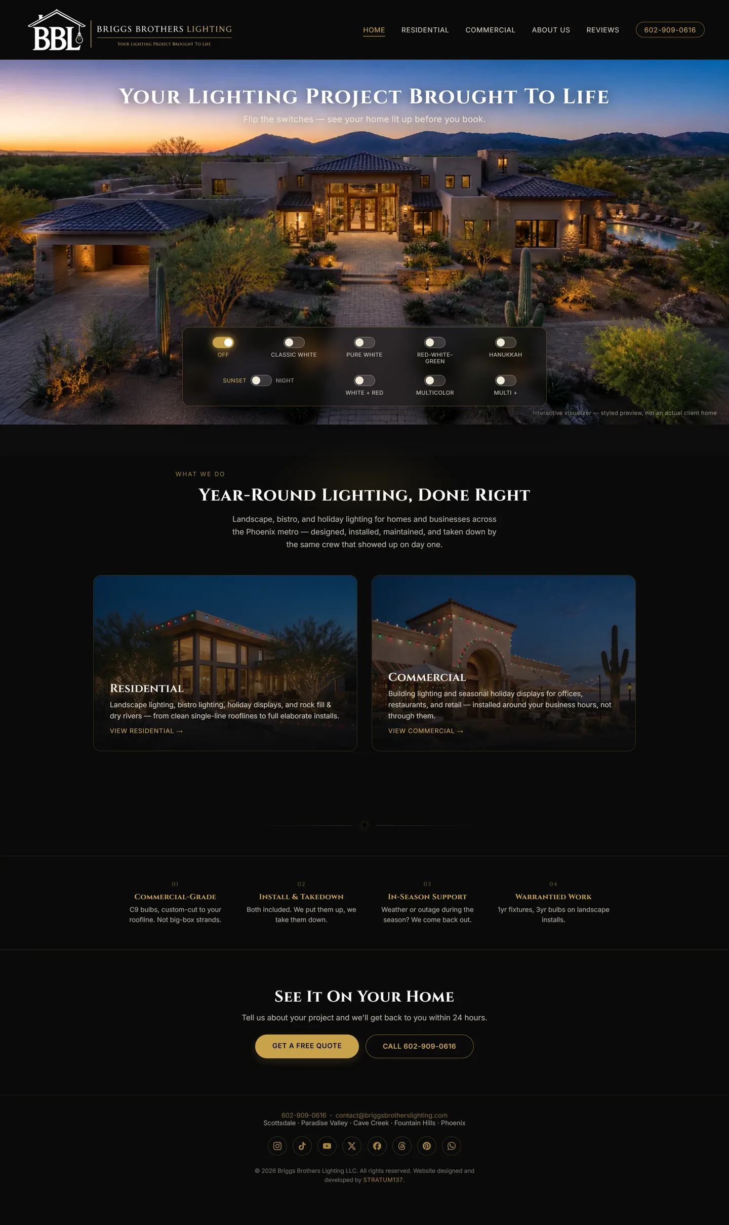 Full home page of the Briggs Brothers Lighting website: interactive lighting visualizer over a desert home at dusk, residential and commercial service cards, and quote call to action