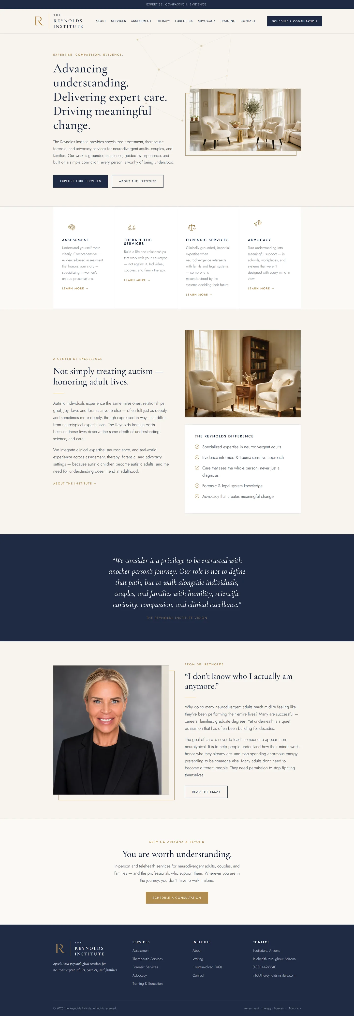 Full home page of The Reynolds Institute website: editorial typography, warm interior photography, four service cards, founder essay, and consultation call to action